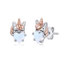 wholesale 925 Sterling Silver Heart-Shaped Opal Unicorn Stud Earrings for Kids & Adults-Silver