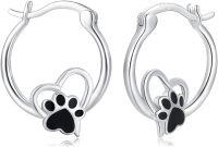 wholesale 925 Sterling Silver Hoop Earrings with Black Enamel Paw Prints and Moon Hearts - Adorable Animal Lover Gift for Her-Dog Paw Hoop Earrings