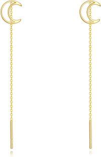 wholesale Gold Crescent Moon Drop Earrings 14k Solid Gold Threaders for Women-Moon