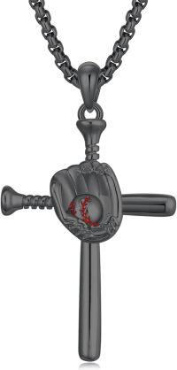 wholesale 925 Sterling Silver Cross with Baseball Glove and Bat Pendant Necklace for Men-A01-Black
