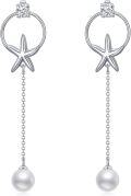 wholesale 925 Sterling Silver Starfish Pearl Drop Earrings with Circle and Chain Design-0-0