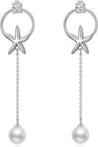 wholesale 925 Sterling Silver Starfish Pearl Drop Earrings with Circle and Chain Design-starfish