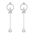 wholesale 925 Sterling Silver Starfish Pearl Drop Earrings with Circle and Chain Design-0-0