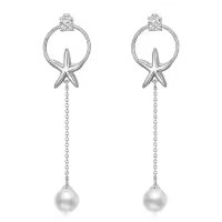 wholesale 925 Sterling Silver Starfish Pearl Drop Earrings with Circle and Chain Design-starfish