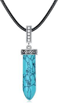 wholesale Sterling Silver Crystal Pendant Necklace Black Leather Choker (14+2 in)-Bullet Turquoise