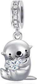 wholesale 925 Sterling Silver Otter Charm Bracelet Bead with White Zircon – April Birthstone Jewelry Gift-0-0