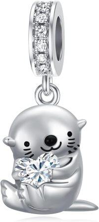 wholesale 925 Sterling Silver Otter Charm Bracelet Bead with White Zircon – April Birthstone Jewelry Gift-04-Apr-Otter