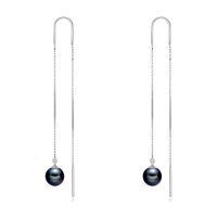 wholesale 925 Sterling Silver Lapis Lazuli Round Bead Chain Threader Dangle Earrings-Black pearl threader earrings