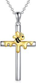 wholesale 925 Sterling Silver Cross with Honeybee and Dripping Gold Accents Pendant Necklace Christian Gift for Her-0-0
