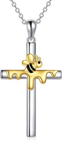 wholesale 925 Sterling Silver Cross with Honeybee and Dripping Gold Accents Pendant Necklace Christian Gift for Her-Bee