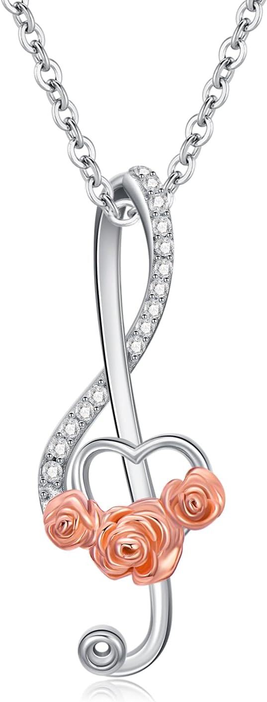 Sterling Silver Music Opera Necklace Gymnastics Necklace Music Note Necklace Gymnastics Ribbon Necklace Phantom of the Opera Rose Necklace for Women Theater Jewelry Gift with Box-Music Note
