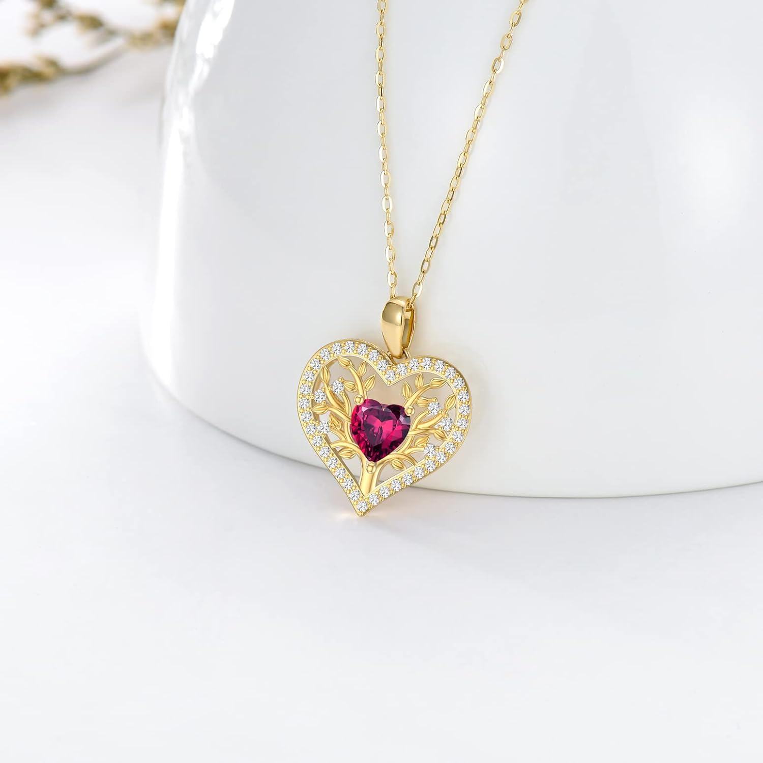14K Yellow Gold Garnet Tree of Life Pendant Necklace 16+1+1 Inch-0-2