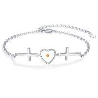 wholesale 925 Sterling Silver Yellow Stone Heart & Cross Charm Bracelet for Women-Silver Heart Mustard Seed