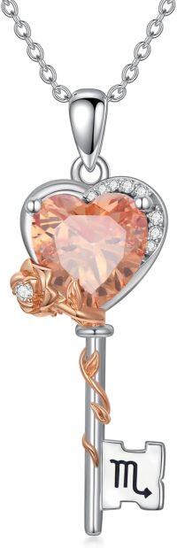 wholesale  Sterling Silver Birthstone Zodiac Necklace for Women Rose Flower Key Pendant Wife Gift -11-Scorpio (10\/24~11\/22)