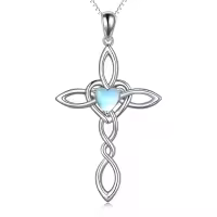 wholesale 925 Sterling Silver Celtic Knot Cross with Opalite Heart Pendant Necklaces Wholesale for Women Girls Irish Infinity Love s 45cm Chain Length-Moonstone cross necklace