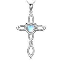wholesale 925 Sterling Silver Celtic Cross Pendant Necklace With Heart Opal Stone White Gold Plated-Moonstone cross necklace