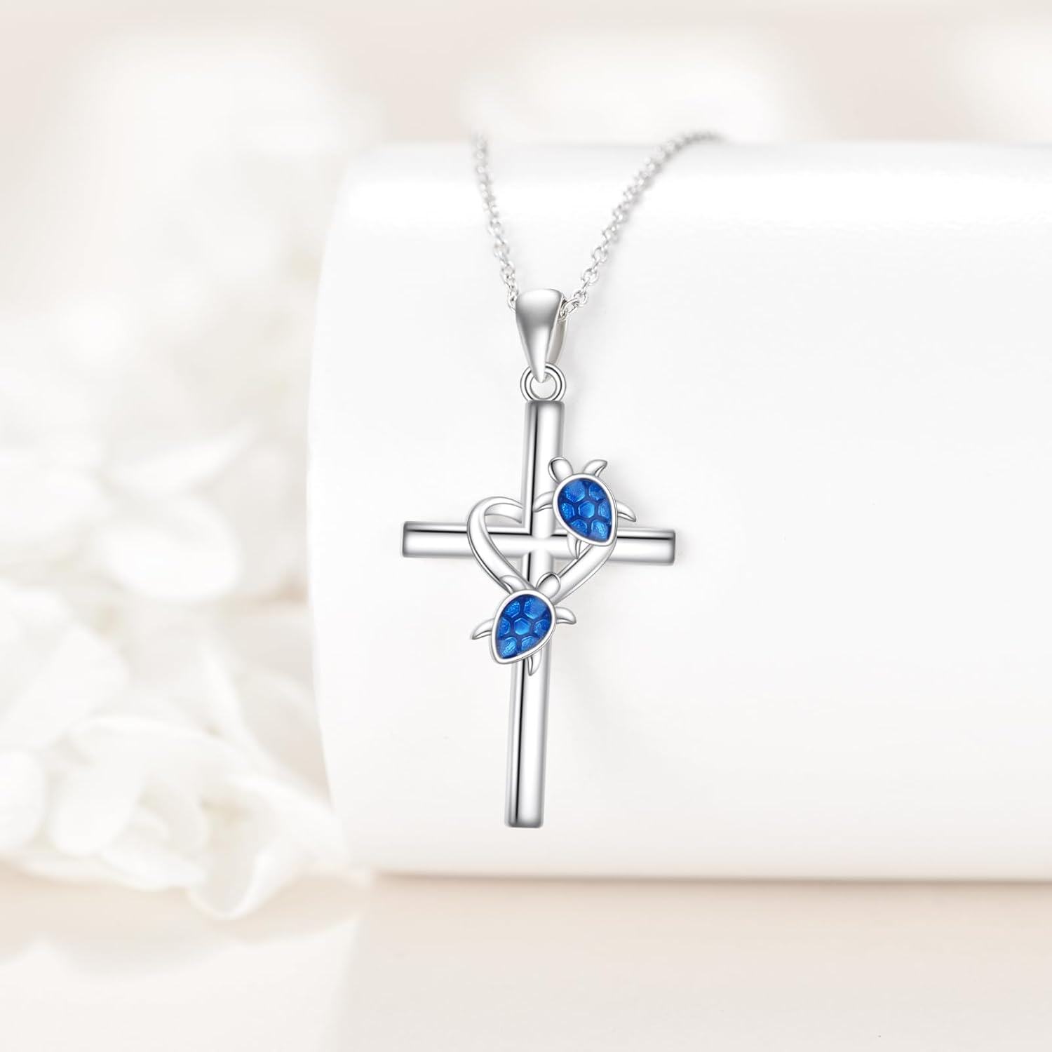 925 Sterling Silver Turtle Cross Pendant Necklace with Blue Enamel Accents for Women and Men-0-2