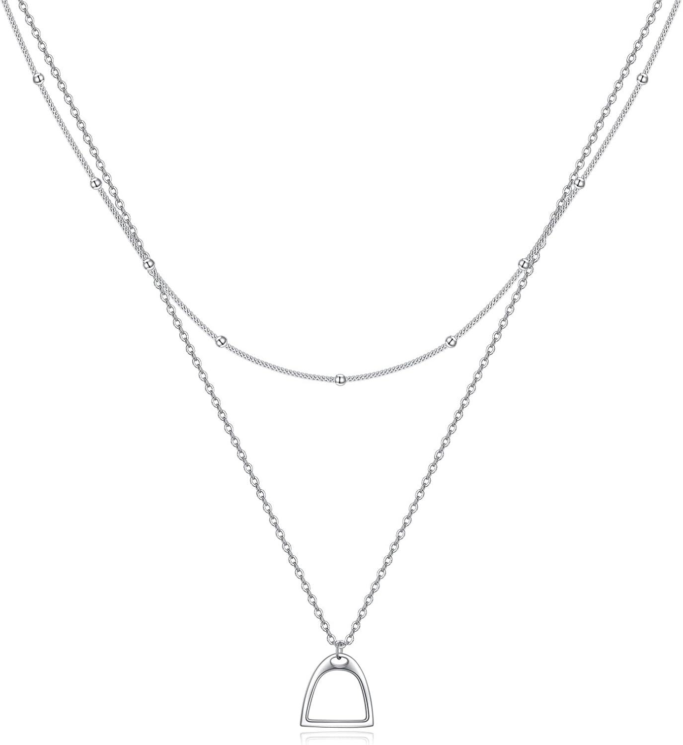925 Sterling Silver Double Horse Stirrup Pendant Layered Chain Necklace-0-0