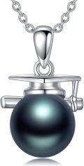 wholesale 925 Sterling Silver & 18K White Gold Plated Black Tahitian Pearl Graduation Cap Pendant Necklace-0-0