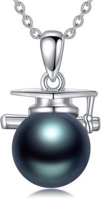 wholesale 925 Sterling Silver & 18K White Gold Plated Black Tahitian Pearl Graduation Cap Pendant Necklace-Bachelor Cap 1