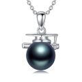 wholesale 925 Sterling Silver & 18K White Gold Plated Black Tahitian Pearl Graduation Cap Pendant Necklace-0-0