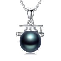 wholesale 925 Sterling Silver & 18K White Gold Plated Black Tahitian Pearl Graduation Cap Pendant Necklace-Bachelor Cap 1