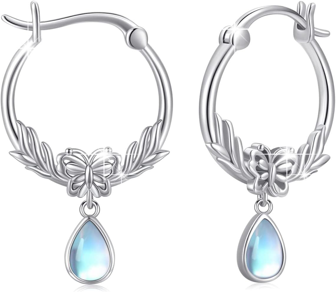 Sterling Silver Hypoallergenic Animal Huggie Hoop Earrings-Butterfly Moonstone Earrings