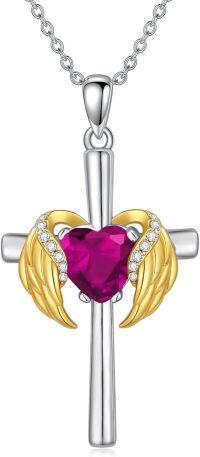 wholesale  Metal Cubic Zirconia Angel Wing Cross Necklace with Heart Birthstone 0 06cttw -10.Tourmaline-Oct