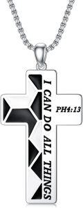 wholesale 925 Sterling Silver Cross Pendant with Engraved Bible Verse I Can Do All Things on Black and White Patterned Background - 3D Design Chain Necklace for Men Women  -0-0