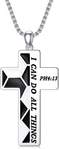 wholesale 925 Sterling Silver Cross Pendant with Engraved Bible Verse I Can Do All Things on Black and White Patterned Background - 3D Design Chain Necklace for Men Women  -Soccer
