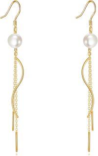 wholesale Gold Solid 14K Freshwater Pearl Threader Tassel Drop Earrings-gold