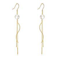 wholesale Gold Solid 14K Freshwater Pearl Threader Tassel Drop Earrings-gold