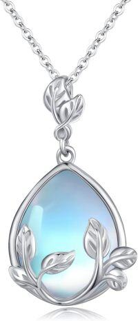 wholesale 925 Sterling Silver Teardrop Moonstone Pendant Necklaces for Women Birthdays Gifts Jewelry Accessories 43mm x 8 mm-Leaf-M