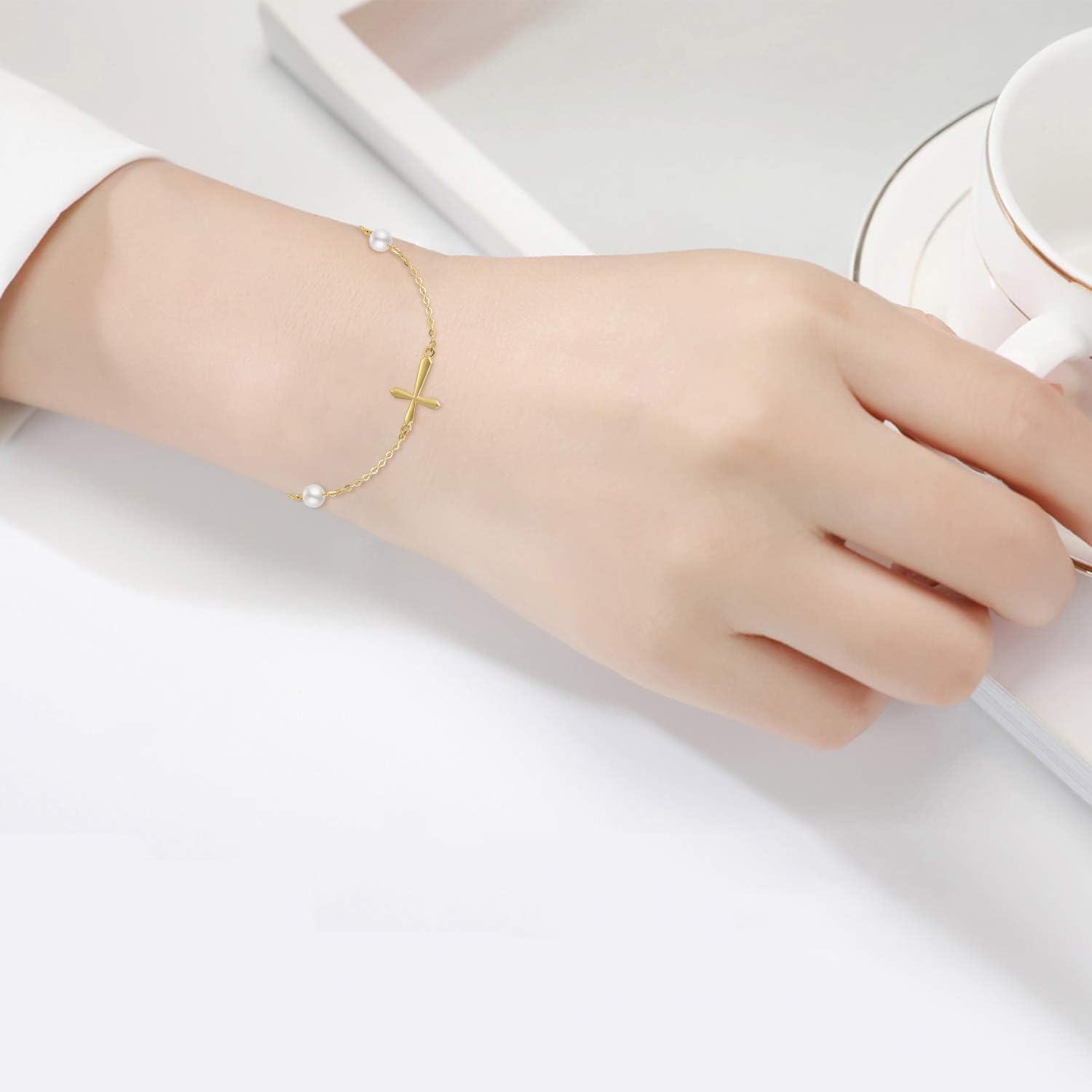 wholesale 14K Gold Chain with Pearl and Cross Charm Bracelet for Women - Confirmation Gift Idea-0-2