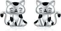 wholesale 925 Sterling Silver Hypoallergenic Black and White Cat Stud Earrings for Women & Teen Girls-Cat