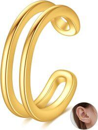 wholesale 14K Real Gold No-Piercing Clip-On Open Hoop Ear Cuff Earrings for Women, Elegant Lightweight 11mm Cartilage Earrings, Hypoallergenic Gift-Double Hoop