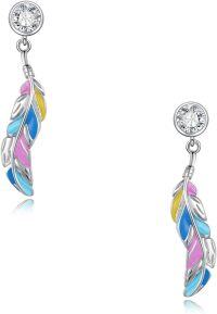 wholesale 925 Sterling Silver Feather Drop Dangle Earrings with Colorful Enamel and CZ Stones Minimalist Jewelry for Women Girls Gifts-Colorful Feather