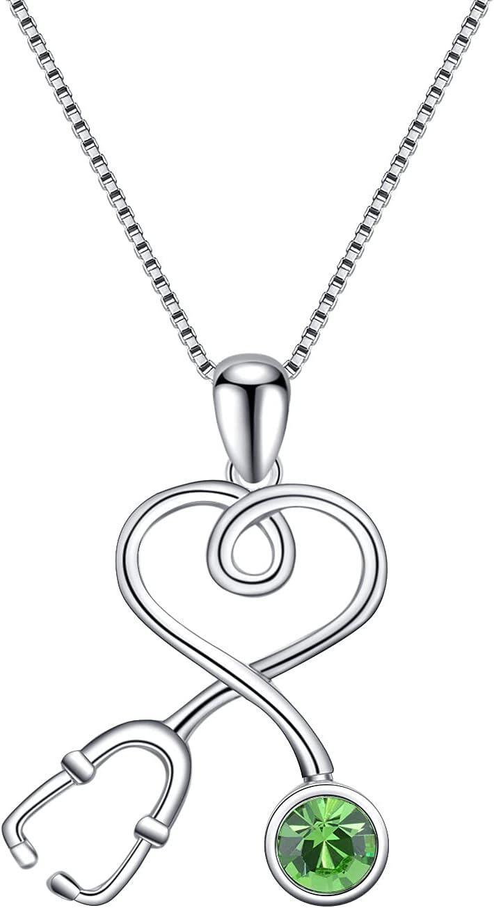 Sterling Silver Stethoscope Necklace w 12 Austria Birthstone Crystals Med Grad Gift-925 Silver - Peridot Green