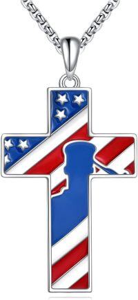 wholesale 925 Sterling Silver American Flag Design Cross Pendant Necklace for Women-American Flag