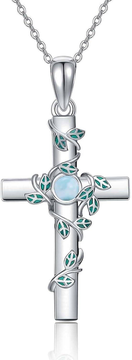 Sterling Silver Turquoise Moonstone Moss Agate Larimar Cross Necklace for Women-04-larimar