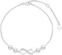 wholesale 10K Gold Infinity & Pearls Ankle Anklet with Moissanites and White Freshwater Cultured Pearls - Adjustable Length (7-8 inches)-10K White Gold