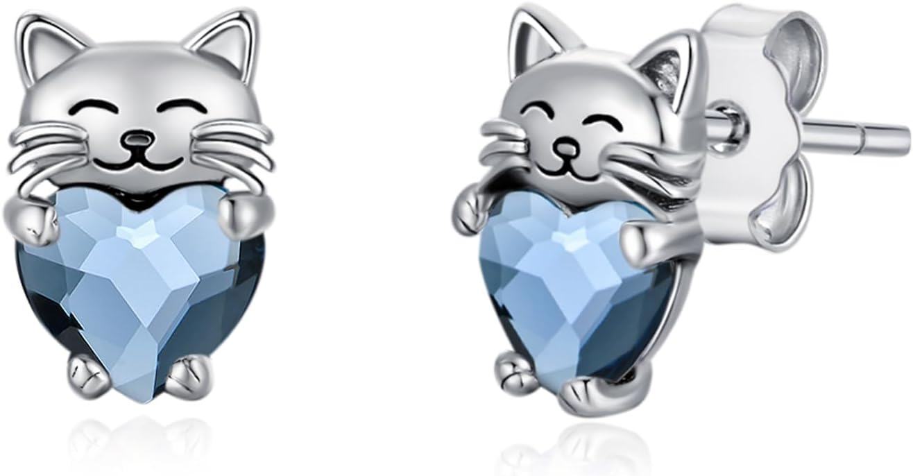925 Sterling Silver Heart-Shaped Blue Crystal Cat Stud Earrings - Adorable Kitty  for Her-0-0