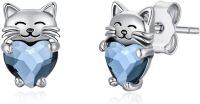 wholesale 925 Sterling Silver Heart-Shaped Blue Crystal Cat Stud Earrings - Adorable Kitty  for Her-Blue