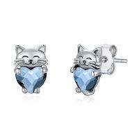 wholesale 925 Sterling Silver Cat Earring Heart Blue Crystal-Blue