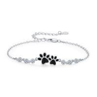 wholesale 925 Sterling Silver Pet Paw Charm Bracelet Wholesale With Clear Crystal Accents-Black Paw Print Bracelet