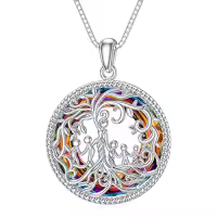 TOUPOP Sterling Silver Crystal Tree Of Life Necklace For Women-color_name:E-Mother and 5 Child-Volcano Crystal