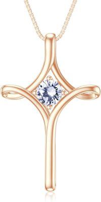 wholesale  Sterling Silver Birthstone Cross Necklace for Women Fine Jewelry Gift -04-Synthetic Diamond-April-Rose Gold
