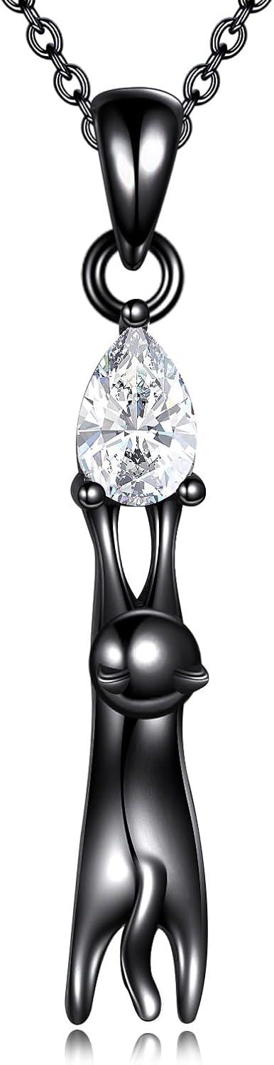 925 Sterling Silver Teardrop Crystal and Black Cat Pendant Necklace for Women Gifts-0-0