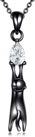 wholesale 925 Sterling Silver Teardrop Crystal and Black Cat Pendant Necklace for Women Gifts-0-0