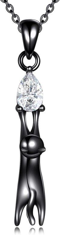 wholesale 925 Sterling Silver Teardrop Crystal and Black Cat Pendant Necklace for Women Gifts-C-Black Cat